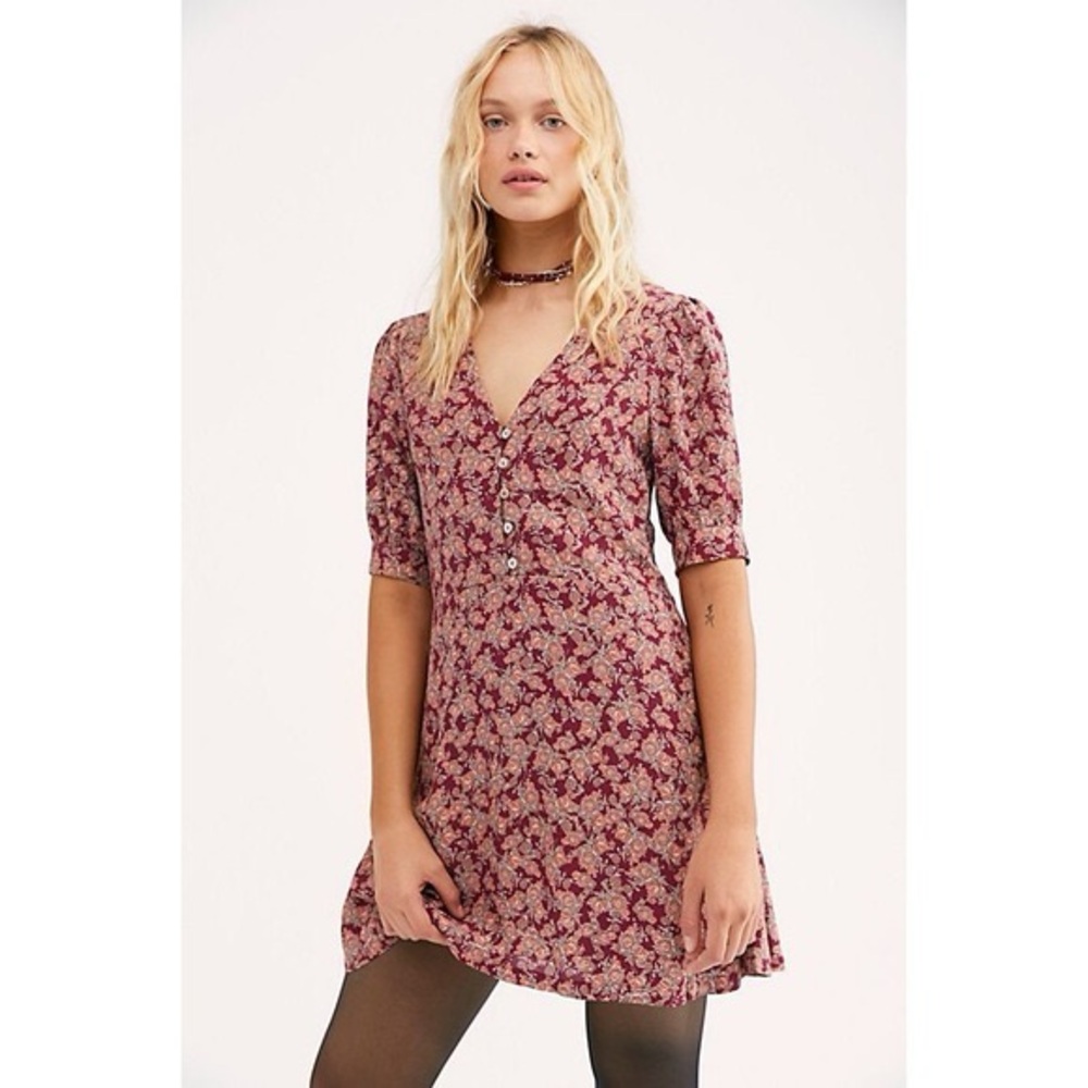 Free People Provence Floral Mini Dress - Burgundy and ochre